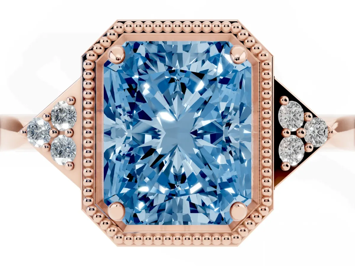 Fancy Blue Radiant Cut Diamond Halo Ring with Tapered Band and Four-Prong Setting Rose gold