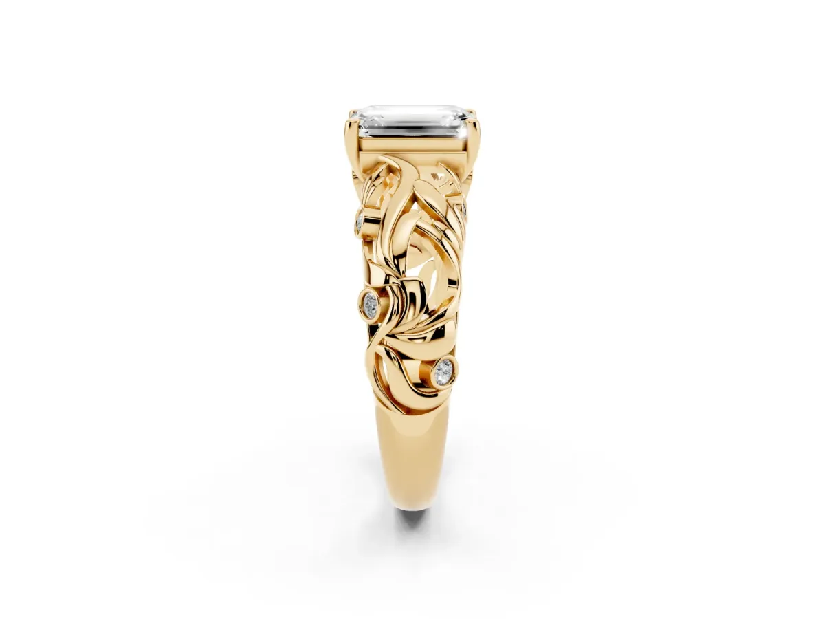 Emerald Cut Solitaire Diamond Leaf-Inspired Vine Band Ring with Prong Setting Yellow gold