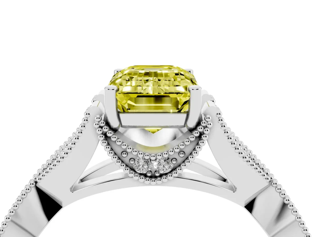 Fancy Yellow Emerald Cut Cut Diamond Twisted Band with Milgrain Pave Setting and Four-Prong Setting Silver