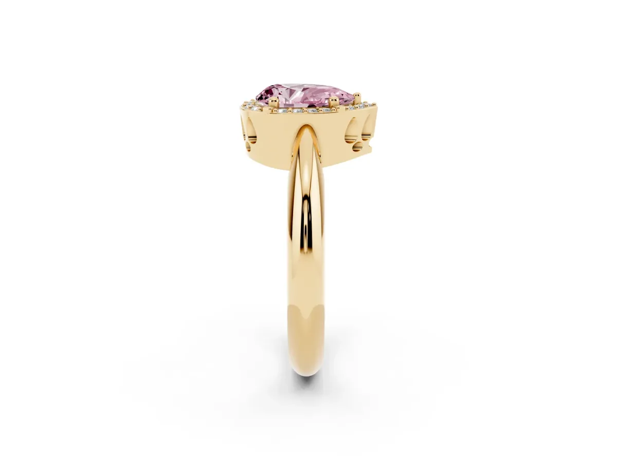 Fancy Pink Pear Cut Cut Diamond Halo Engagement Ring with Split Shank and Four-Prong Setting Yellow gold