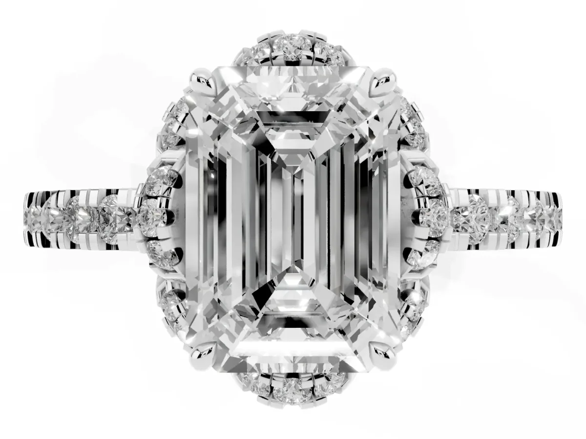 Emerald Cut Diamond Halo Pave Band with Four-Prong Setting Silver