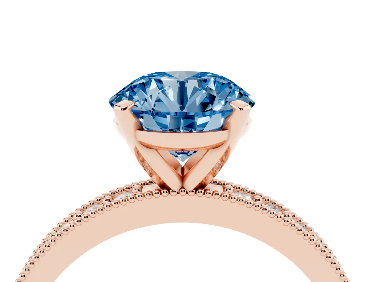 Fancy Blue Round Cut Diamond Milgrain Pavé Engagement Ring with Four-Prong Setting Rose gold