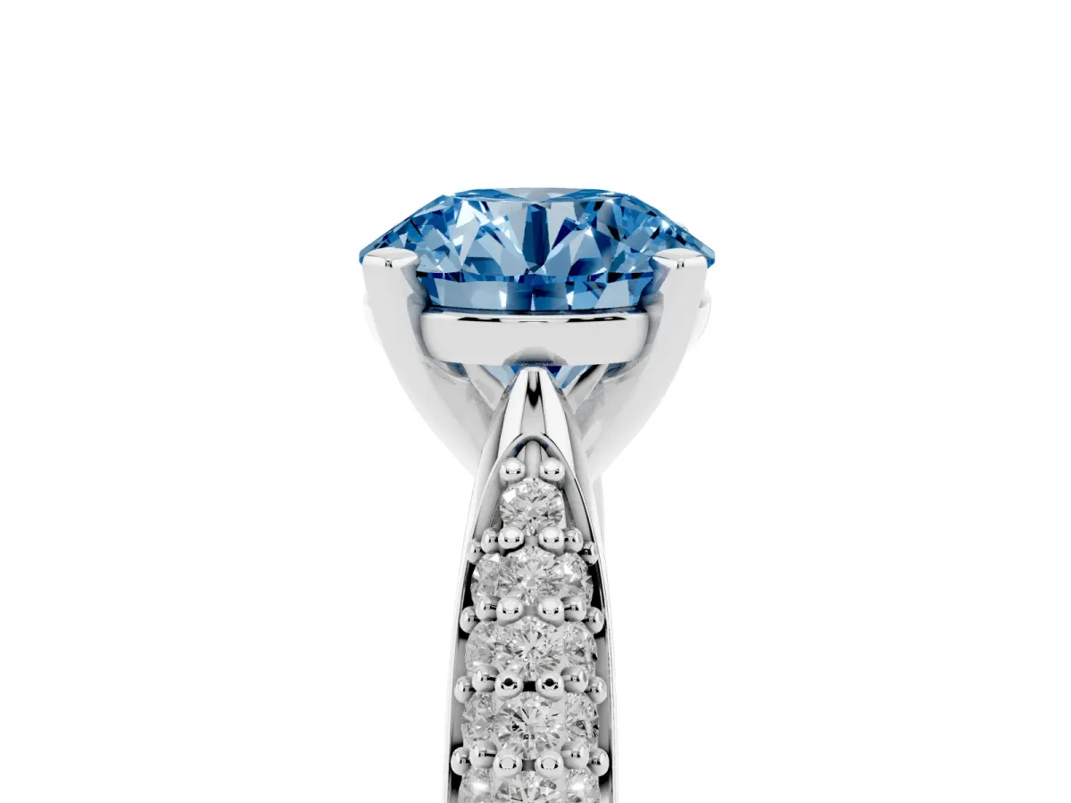 Fancy Blue Round Cut Diamond Solitaire Engagement Ring with Multi-Row Round Pavé Band and Prong Setting Silver