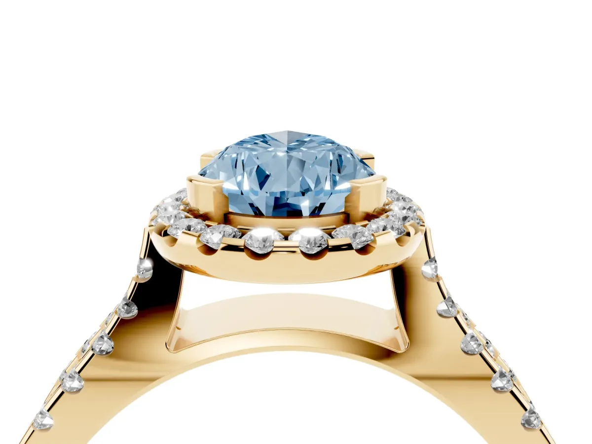 Fancy Blue Pear Cut Diamond Halo Ring with Split Shank Pavé Band and Prong Setting Yellow gold
