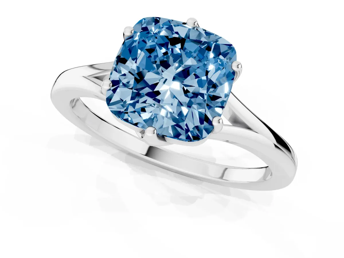 Fancy Blue Cushion Cut Solitaire Diamond Ring with Six-Prong Setting and Tapered Band Platinum
