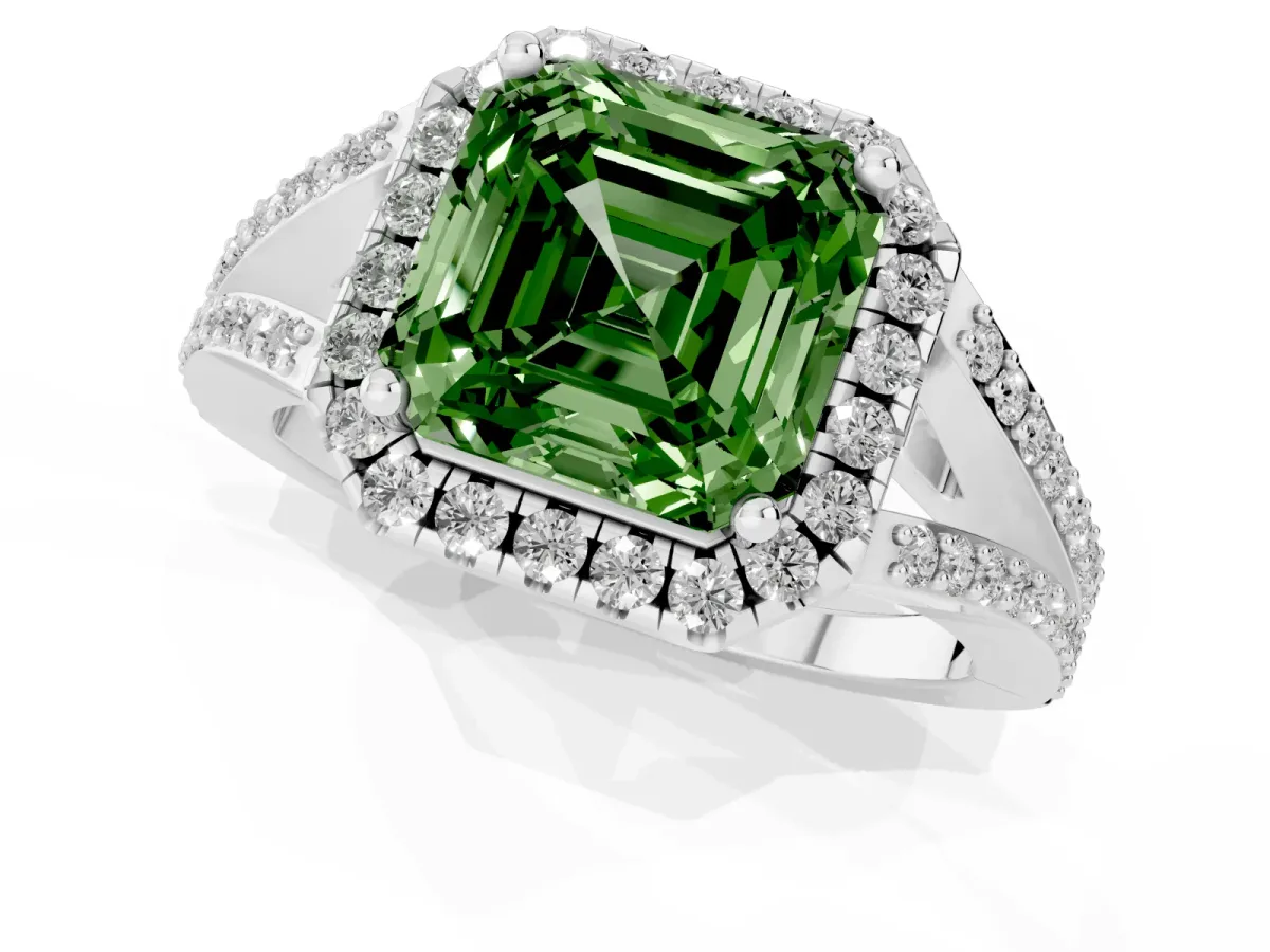 Fancy Green Asscher Cut Halo Split Shank Diamond Ring with Prong Setting Silver
