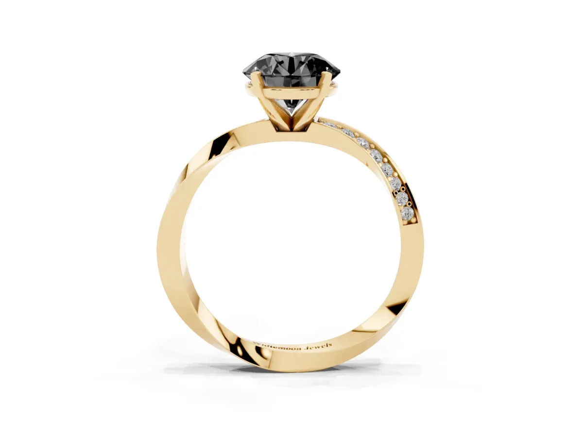 Fancy Black Round Cut Diamond Engagement Ring with Side Stone Accents and Four-Prong Setting Yellow gold