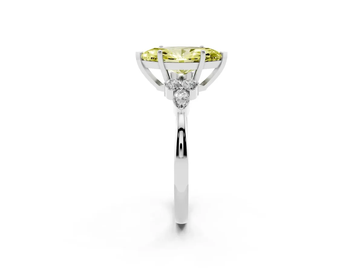 Fancy Yellow Marquise Cut Brilliant Diamond Solitaire Ring with Pear Side Stones and Four-Prong Setting White gold