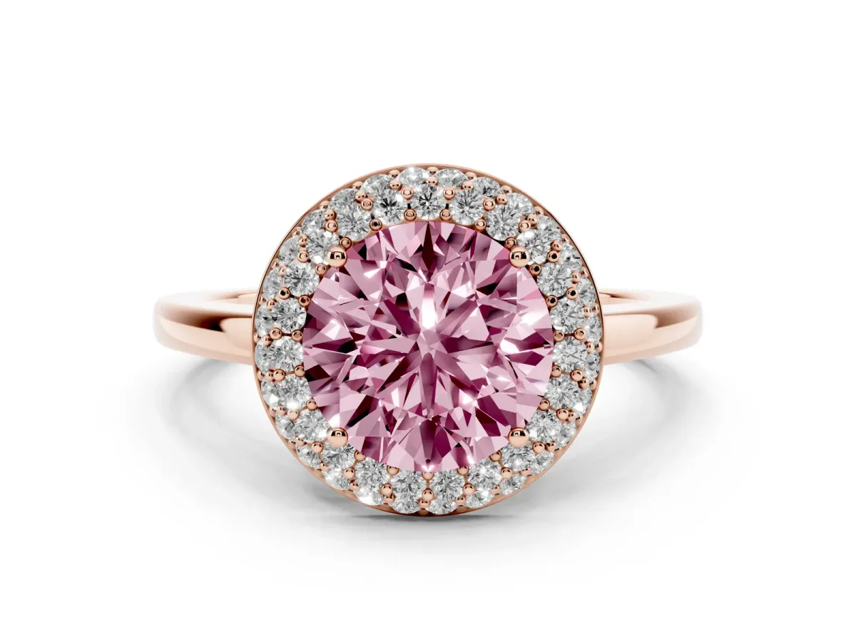 Fancy Pink Round Cut Halo Diamond Engagement Ring with Solitaire Band and Four-Prong Setting Rose gold