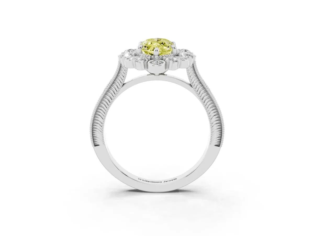 Fancy Yellow Marquise Cut Halo Milgrain Pave Diamond Ring with Four-Prong Setting Silver