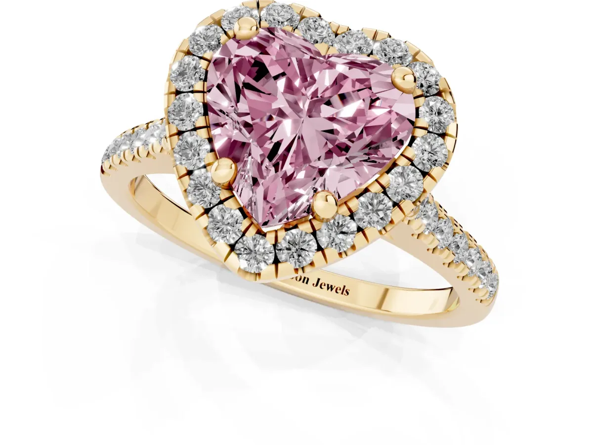 Fancy Pink Heart Cut Diamond Cushion Halo Ring with Pavé Band Yellow gold