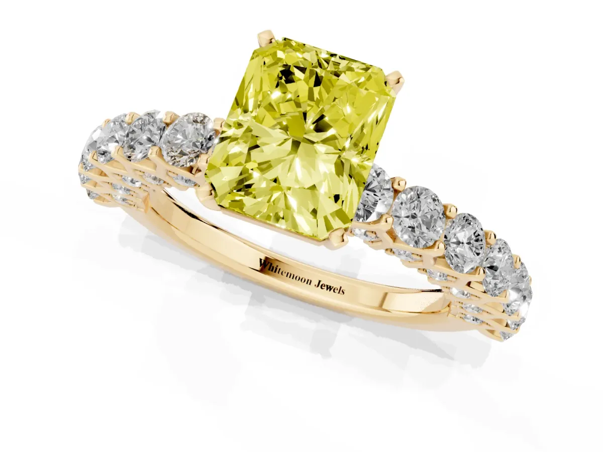 Fancy Yellow Radiant Cut Diamond Solitaire Ring with Shared Prong Pavé Band and Four-Prong Setting Yellow gold