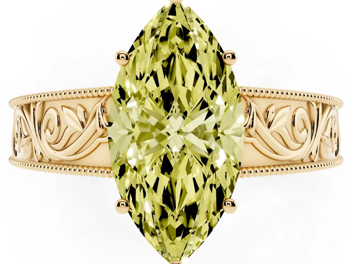 Fancy Yellow Marquise Cut Diamond Solitaire Ring with Engraved Band and Four-Prong Setting Yellow gold