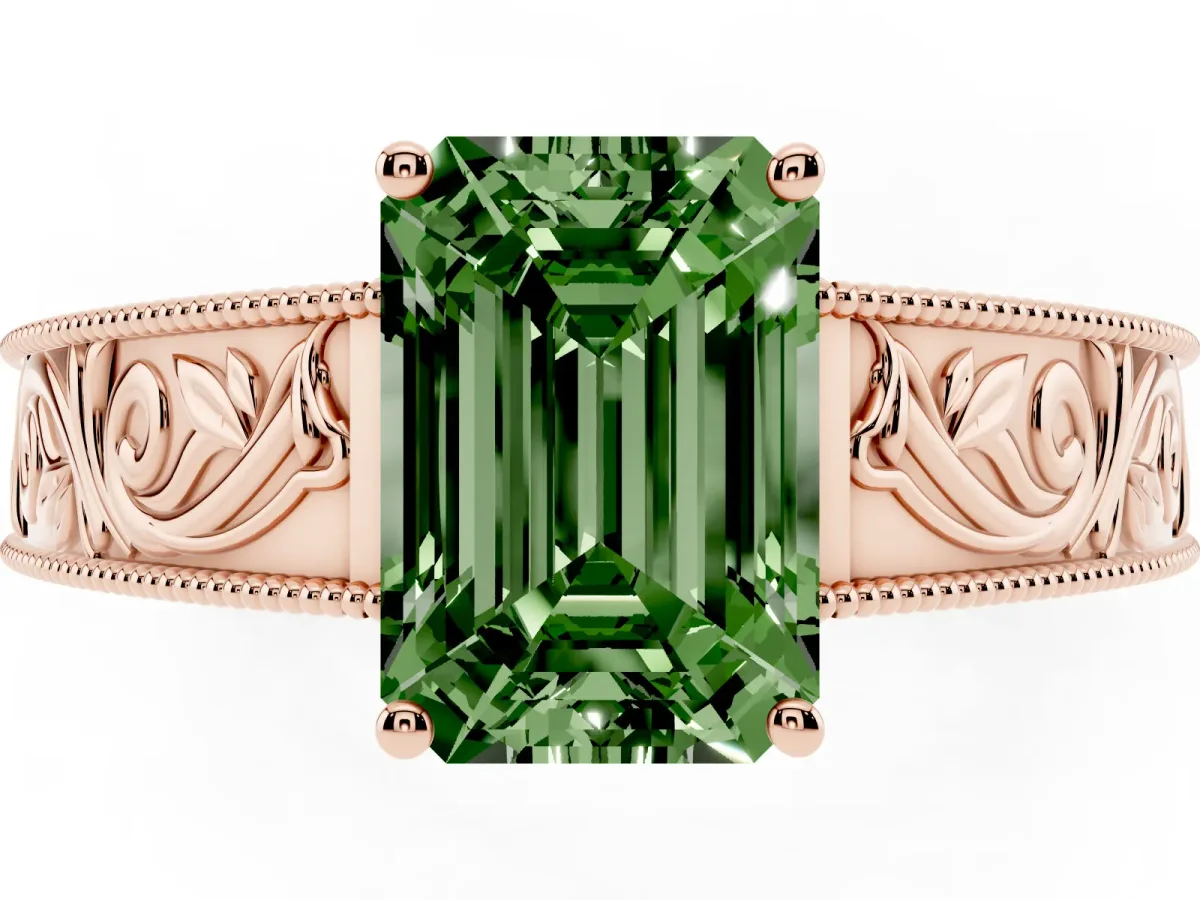 Fancy Green Emerald Cut Diamond Solitaire Ring with Engraved Band and Four-Prong Setting Rose gold