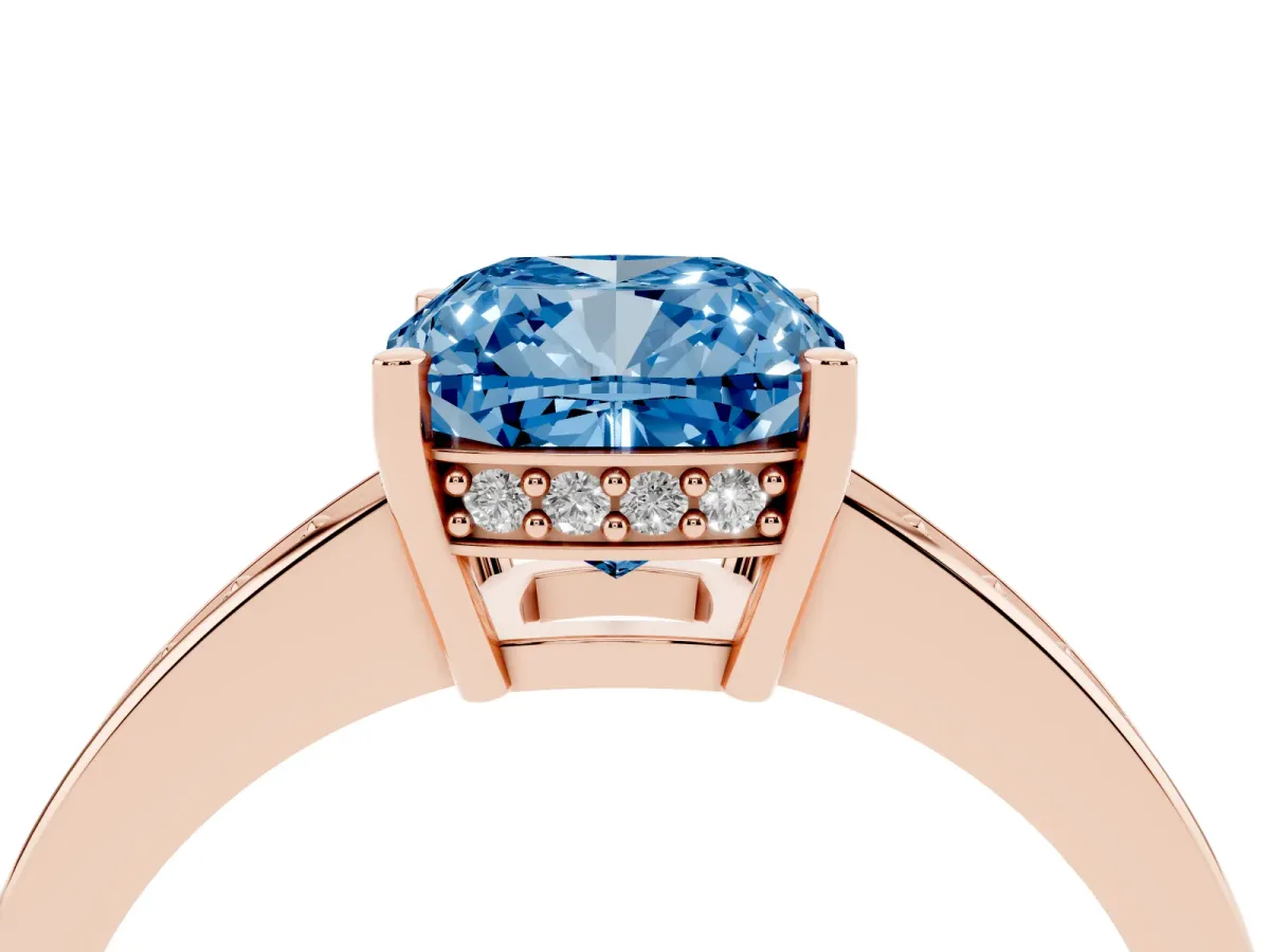 Fancy Blue Cushion Cut Solitaire Pavé Band Prong Setting Ring Rose gold