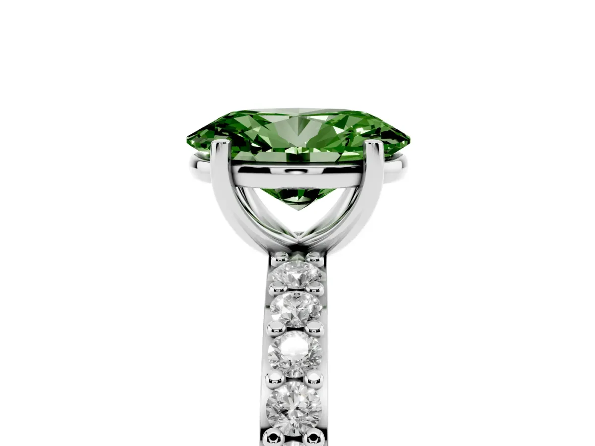 Fancy Green Oval Cut Cut Diamond Solitaire with Pave Band and Four-Prong Setting Silver