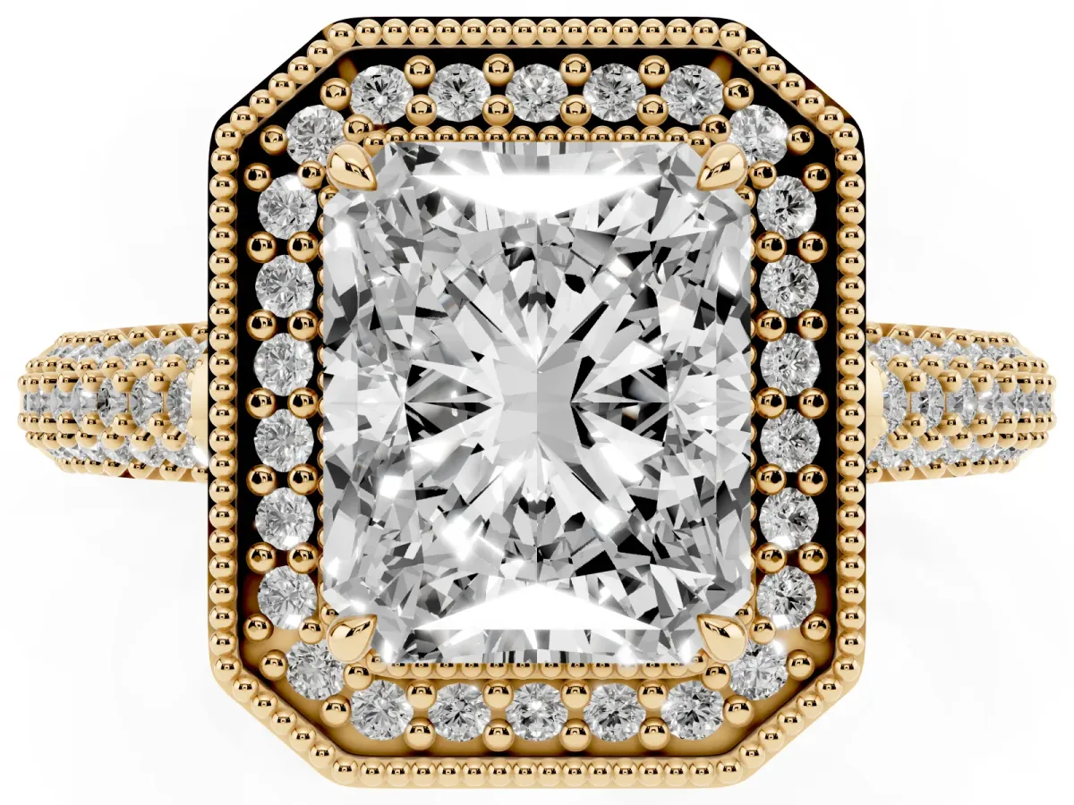 Radiant Cut Cut Halo Diamond Pave Band with Four-Prong Setting Yellow gold