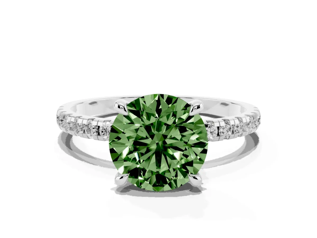 Fancy Green Round Cut Diamond Brilliant Solitaire Ring with Pavé Band and Four-Prong Setting White gold