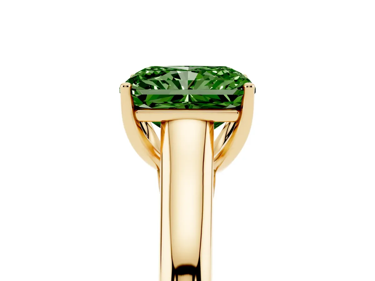 Fancy Green Radiant Cut Solitaire Engagement Ring with Tapered Band and Four-Prong Setting Yellow gold