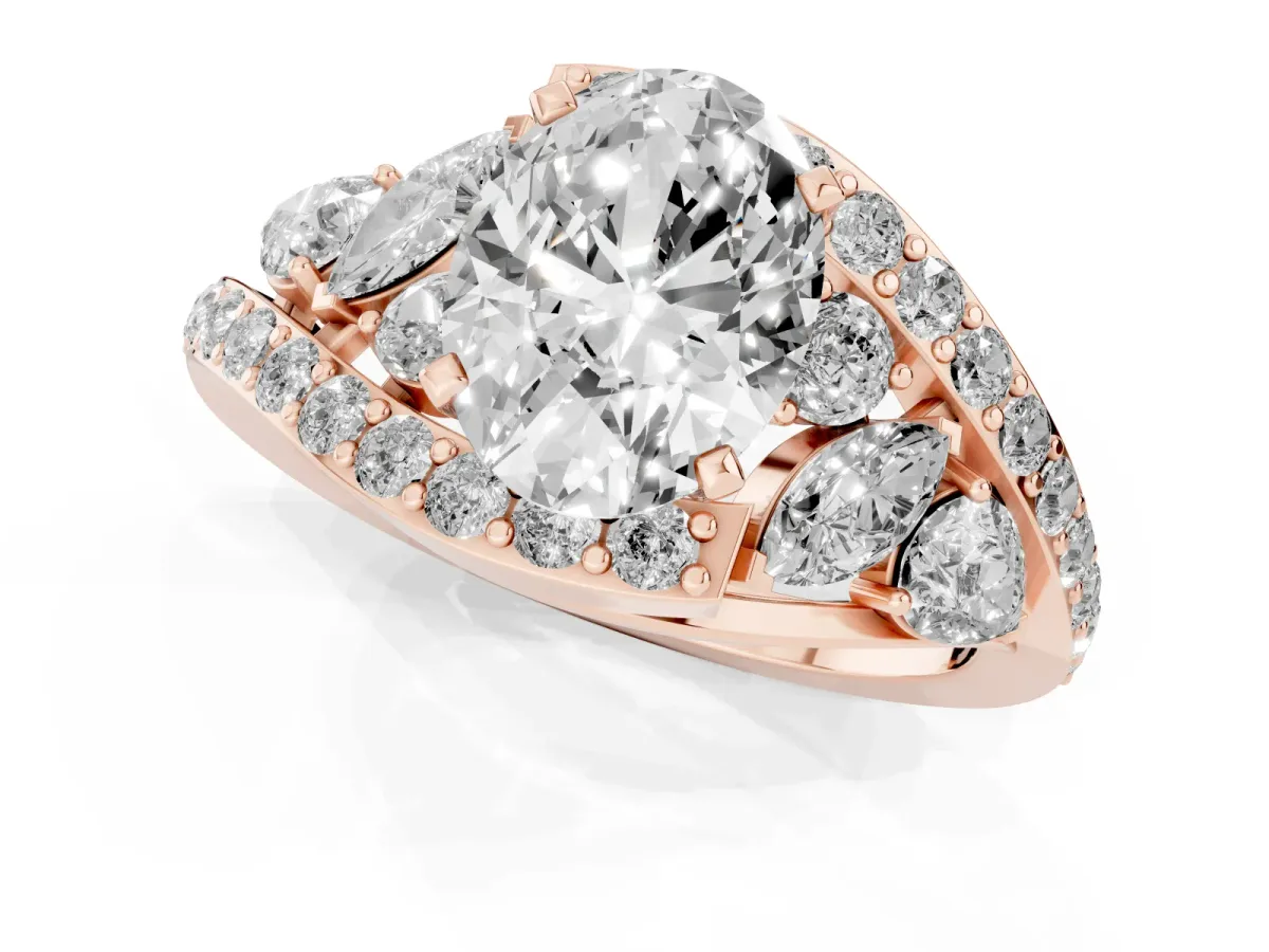 Oval Cut Diamond Halo Ring with Marquise and Pavé Band in Prong Setting Rose gold