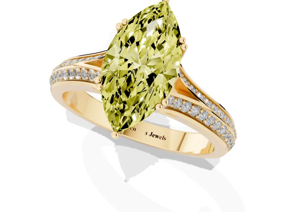 Fancy Yellow Marquise Cut Diamond Split Shank Engagement Ring with Pavé Band Yellow gold