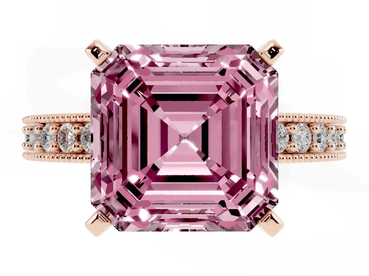 Fancy Pink Asscher Cut Diamond Milgrain Pavé Engagement Ring with Four-Prong Setting Rose gold