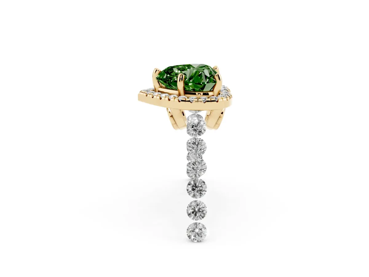 Fancy Green Heart Cut Halo Pavé Diamond Engagement Ring with Four-Prong Setting Yellow gold