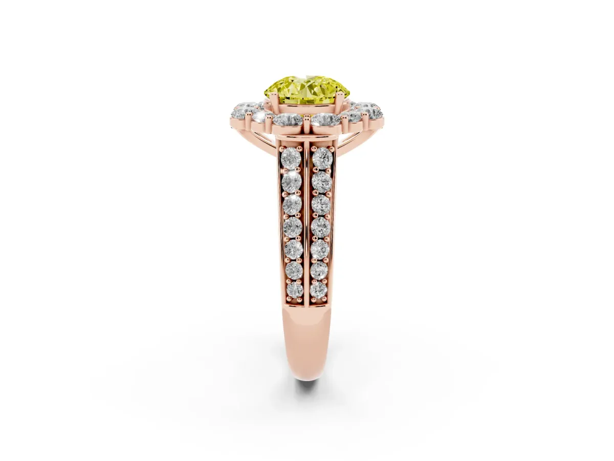 Fancy Yellow Round Cut Halo Diamond Engagement Ring with Split Shank and Prong Setting Rose gold