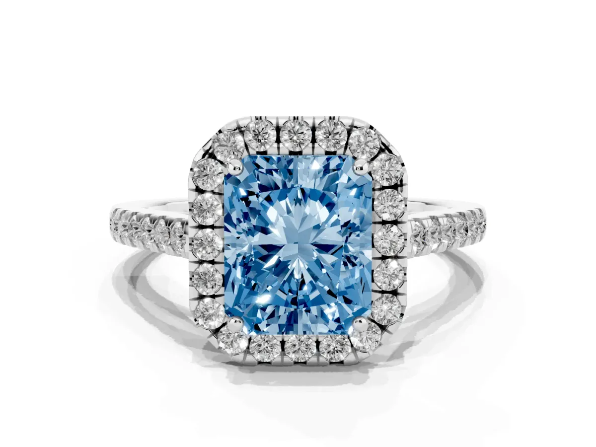 Fancy Blue Radiant Cut Halo Pavé Diamond Engagement Ring with Four-Prong Setting Silver