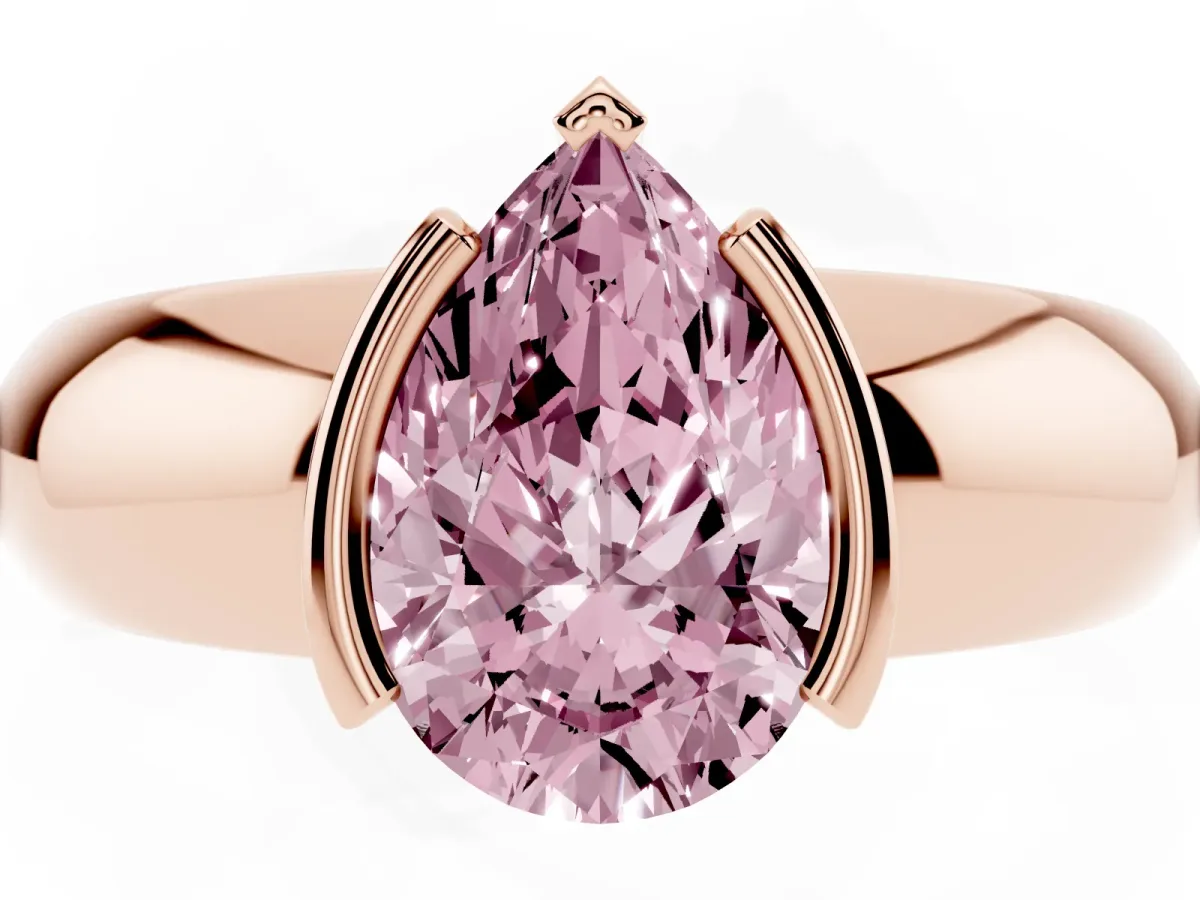 Fancy Pink Pear Cut Solitaire Tension Set Diamond Ring with Wide Band Rose gold