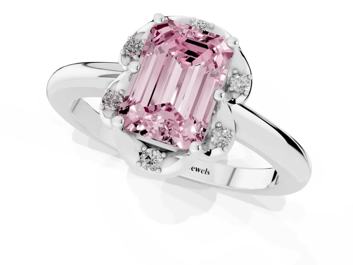 Fancy Pink Emerald Cut Halo Diamond Ring with Round Cluster Setting, Solitaire Band, and Four-Prong Setting Silver