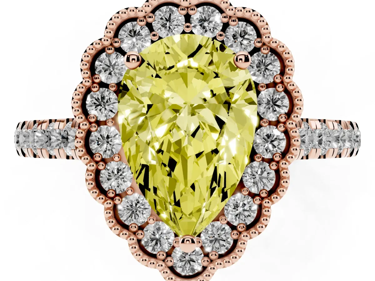 Fancy Yellow Pear Cut Cut Diamond Milgrain Floral Halo Engagement Ring with Pavé Band Rose gold
