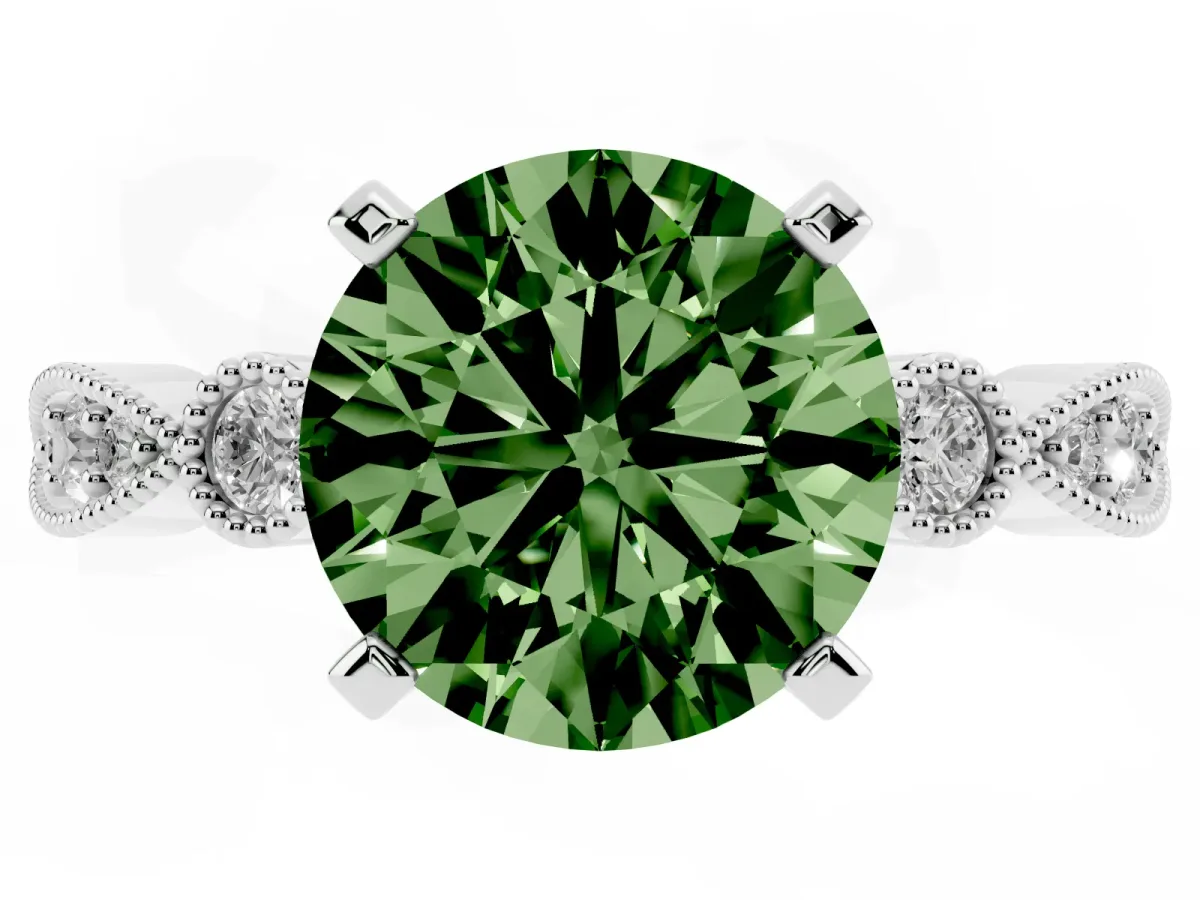 Fancy Green Round Cut Milgrain Bezel Diamond Engagement Ring with Solitaire Prong Setting Silver