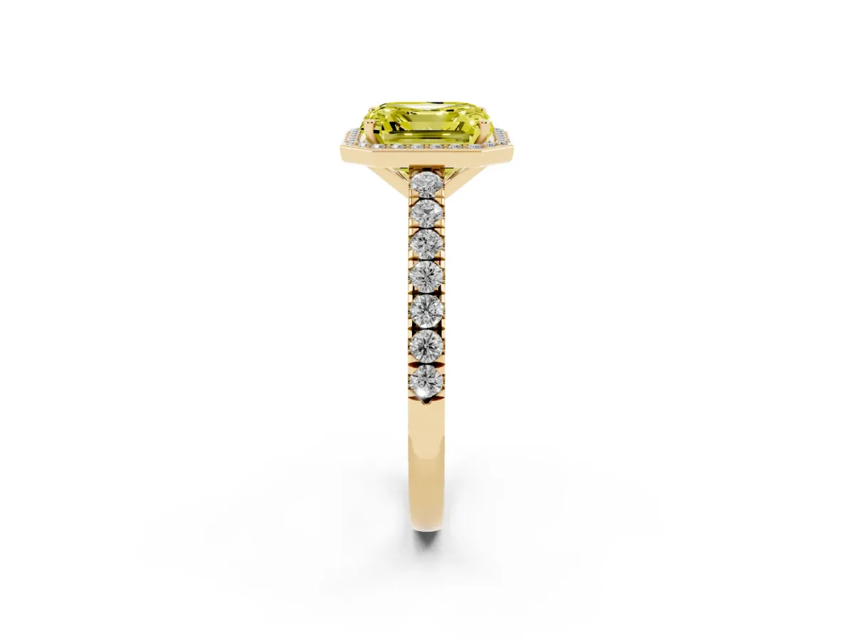 Fancy Yellow Asscher Cut Cut Halo Diamond Engagement Ring with Pave Band and Four-Prong Setting Yellow gold