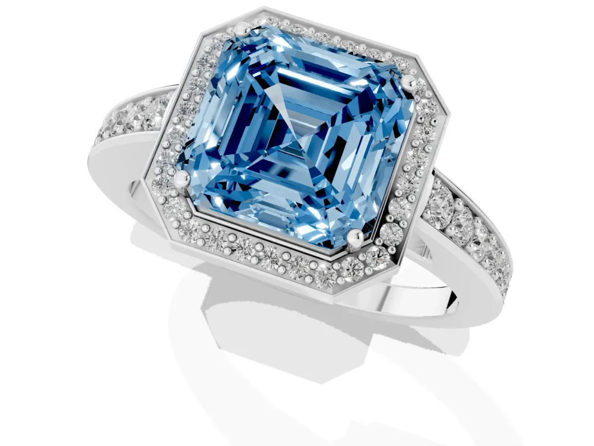 Fancy Blue Asscher Cut Halo Pavé Diamond Engagement Ring with Bezel Setting Platinum