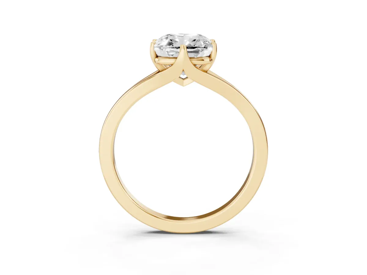 Cushion Cut Solitaire Diamond Ring with Six-Prong Setting and Tapered Band Yellow gold