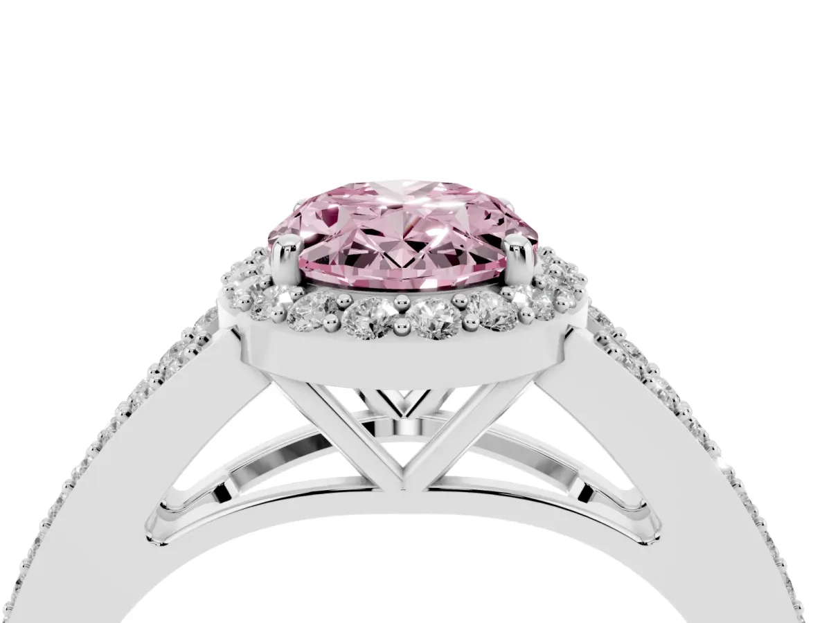 Fancy Pink Oval Cut Halo Split Shank Diamond Ring with Prong Setting Silver