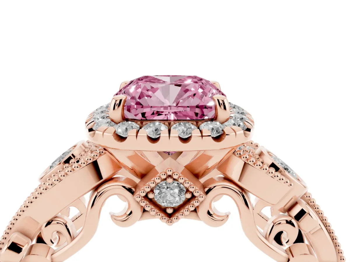 Fancy Pink Cushion Cut Diamond Halo Ring with Milgrain Pavé Band and Four-Prong Setting Rose gold