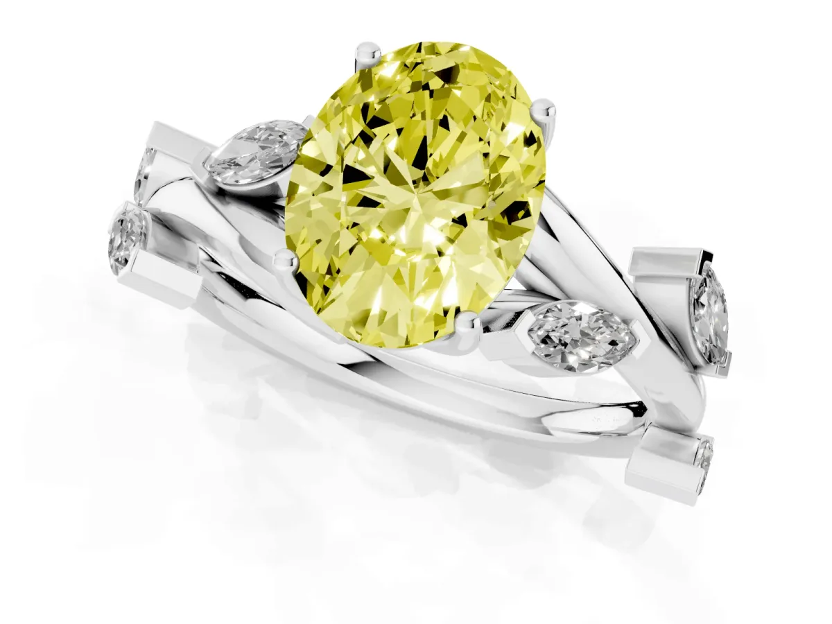 Fancy Yellow Oval Cut Solitaire Twisted Band Marquise Accent Prong Setting Ring Silver