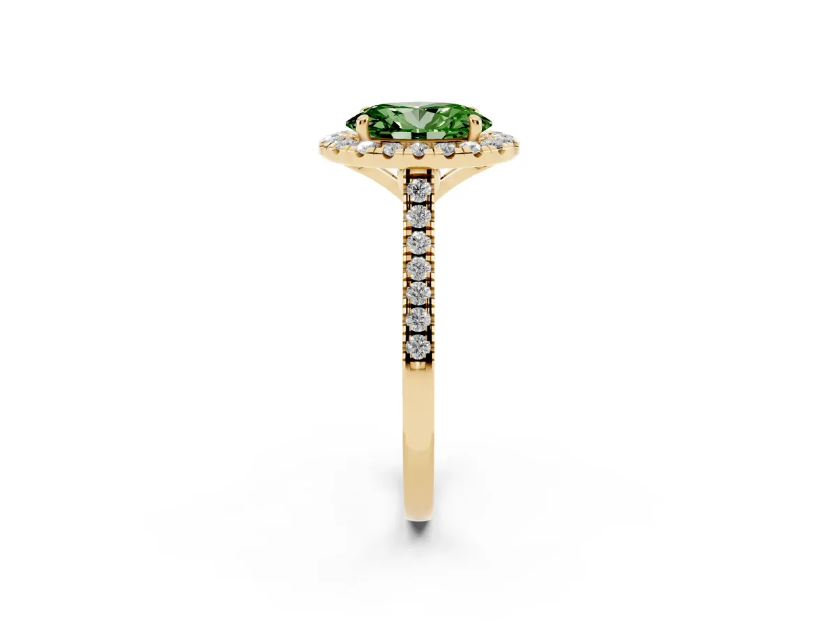 Fancy Green Oval Cut Diamond Cushion Halo Ring with Pavé Band Yellow gold