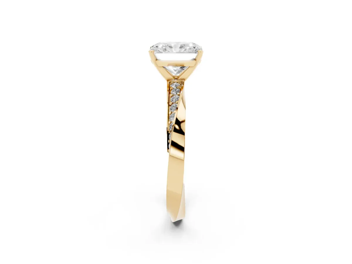 Radiant Cut Diamond Engagement Ring with Side Stone Accents and Four-Prong Setting Yellow gold