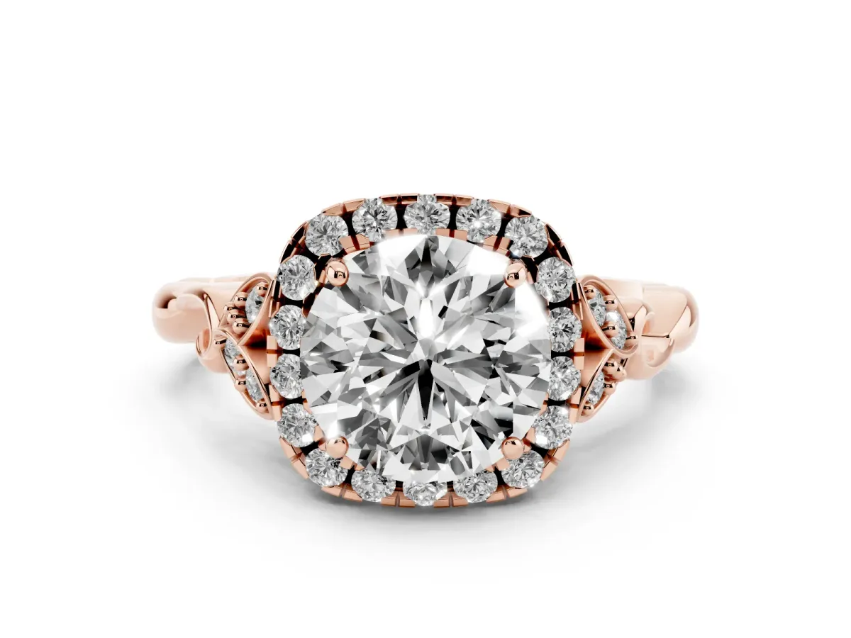 Round Cut Halo Diamond Engagement Ring with Vintage-Inspired Band and Four-Prong Setting Rose gold