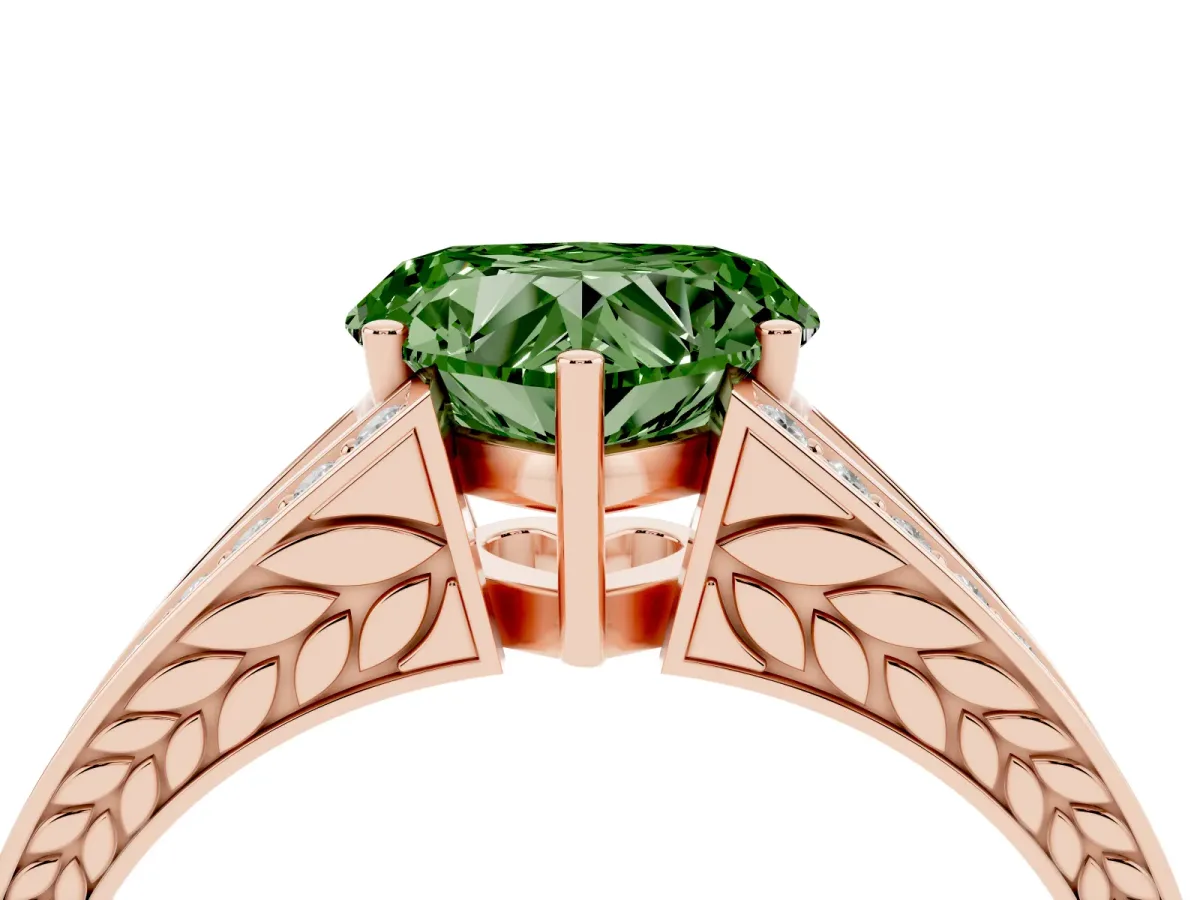 Fancy Green Heart Cut Diamond Split Shank Ring with Pavé Band and Four-Prong Setting Rose gold