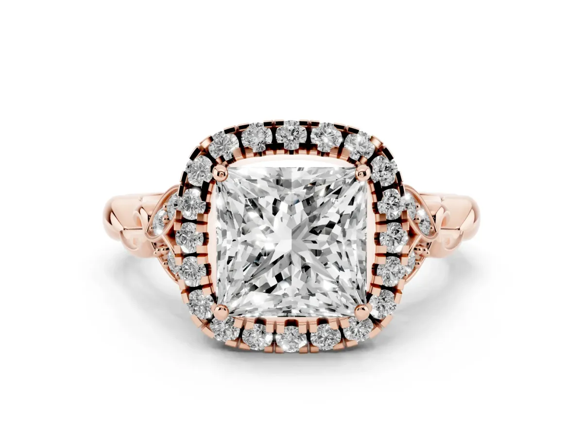 Princess Cut Halo Diamond Engagement Ring with Vintage-Inspired Band and Four-Prong Setting Rose gold
