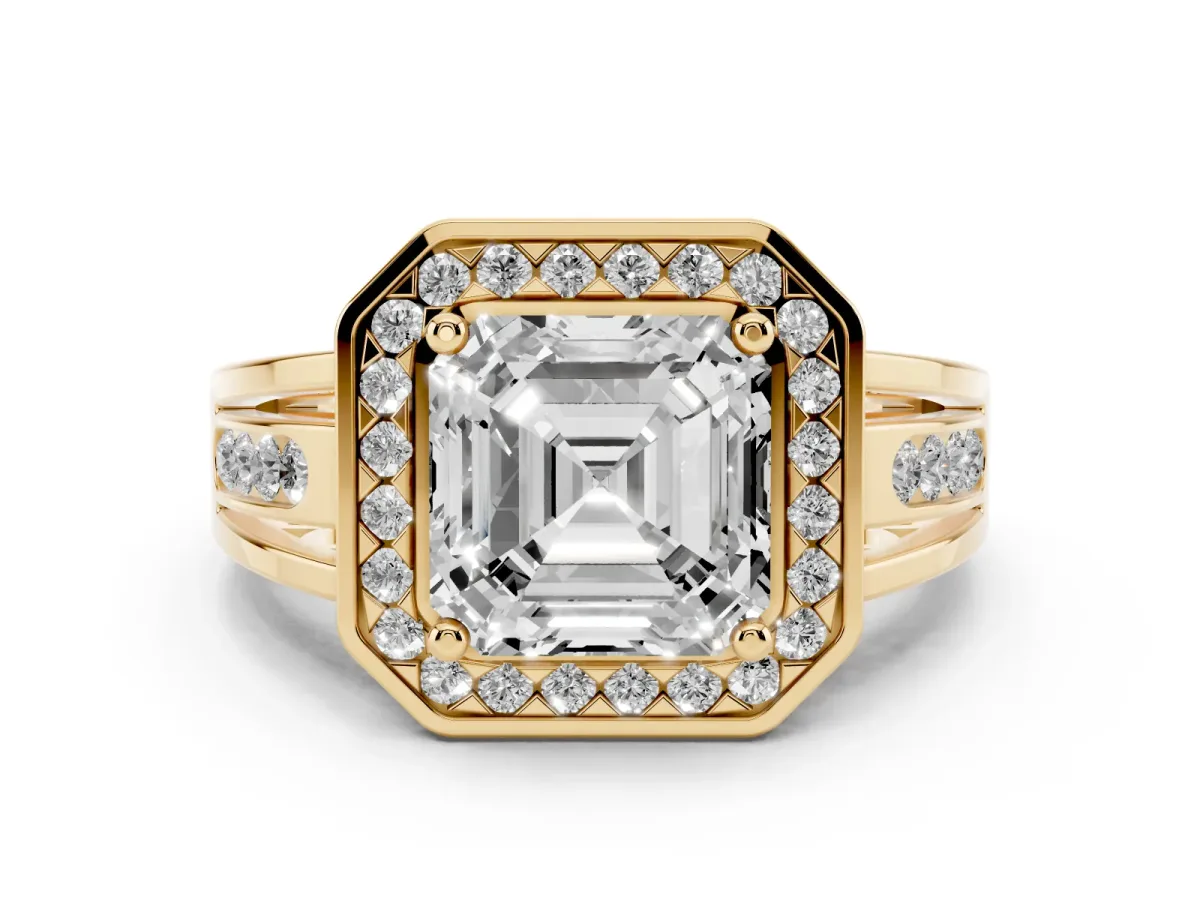 Asscher Cut Diamond Halo Ring with Split Shank and Bezel Accents and Prong Setting Yellow gold
