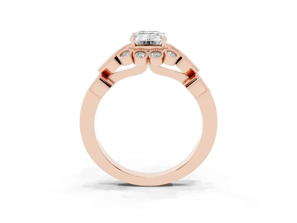 Emerald Cut Brilliant Milgrain Pave Heart Band Solitaire Ring Rose gold