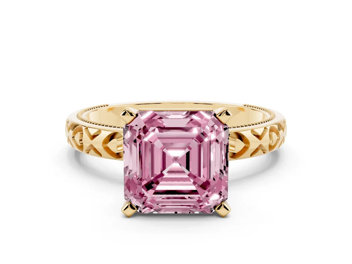Fancy Pink Asscher Cut Solitaire Diamond Engagement Ring with XO Engraved Band and Four-Prong Setting Yellow gold