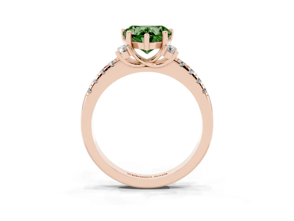Fancy Green Heart Cut Diamond Three-Stone Pave Band with Four-Prong Setting Rose gold