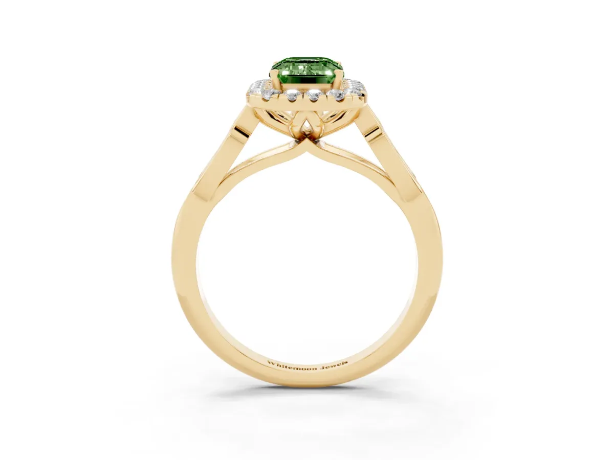 Fancy Green Emerald Cut Halo Diamond Engagement Ring with Filigree Band and Four-Prong Setting Yellow gold
