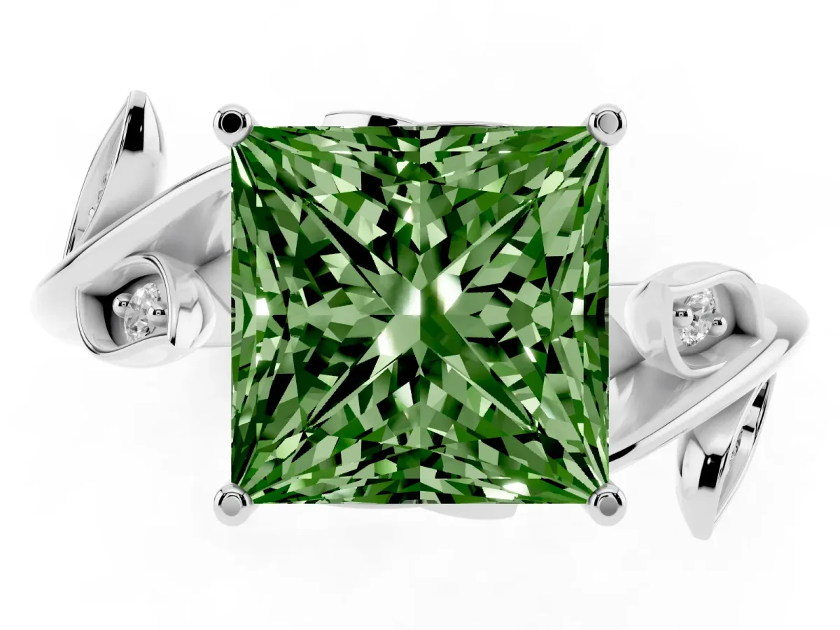 Fancy Green Princess Cut Solitaire Twist Engagement Ring with Leaf Accents and Prong Setting Silver